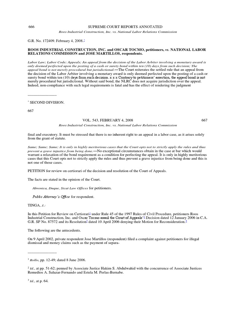 ROOS INDUSTRIAL CONSTRUCTION Vs NLRC PDF Surety Bond Employment