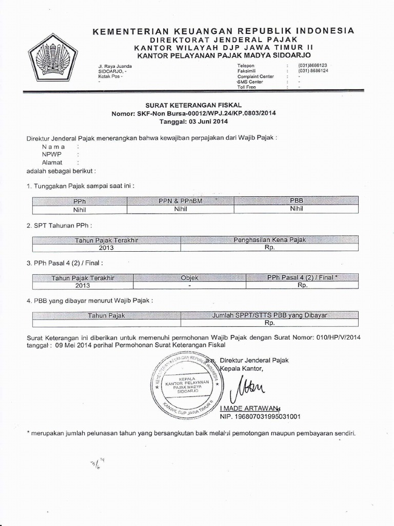 Contoh Surat Keterangan Fiskal