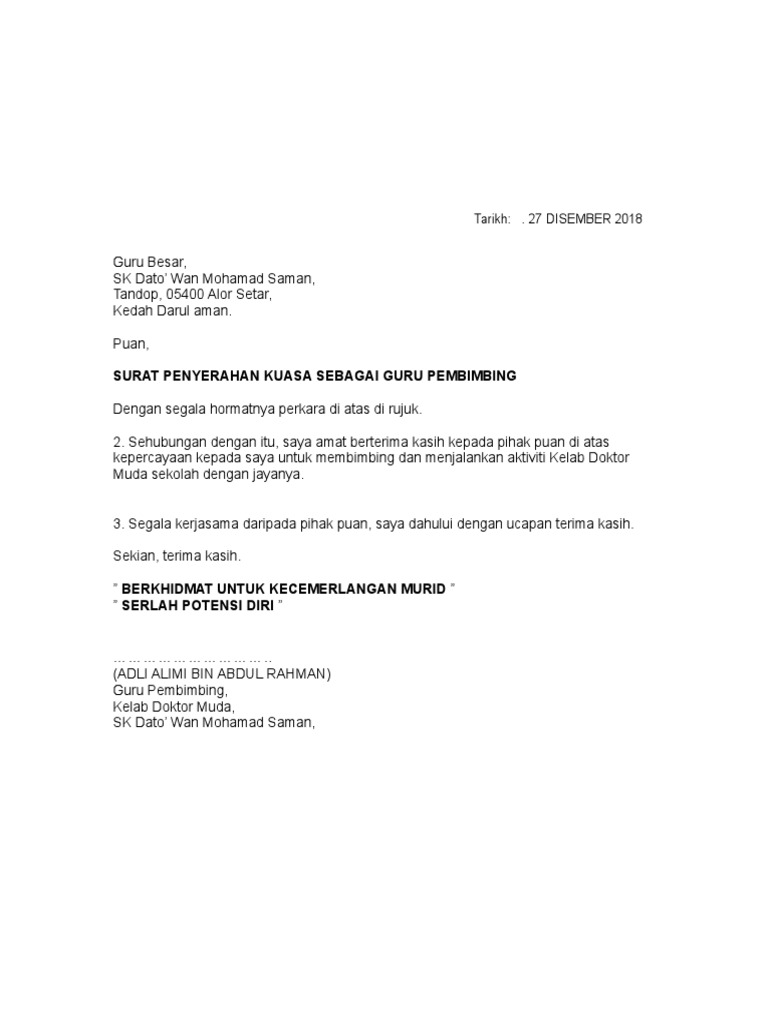 Contoh Surat Penurunan Kuasa Spbt