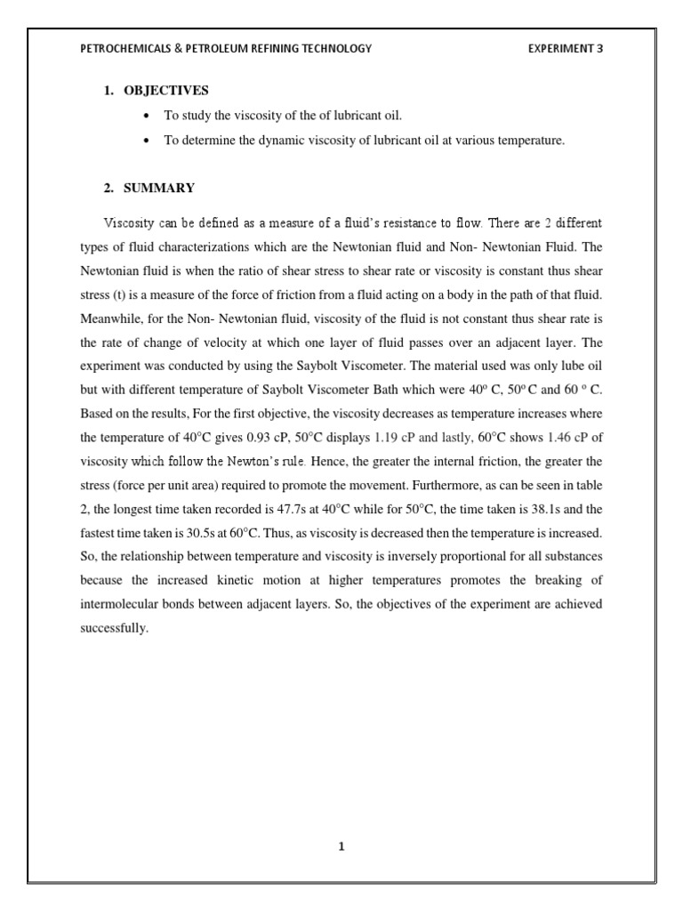 Objectives Petrochemicals & Petroleum Refining Technology Experiment 3