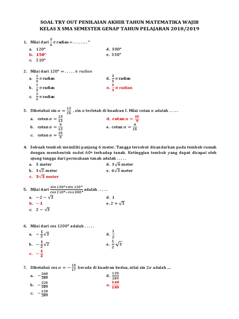 Soal Try Out Pat Matematika Wajib Kelas X Sma Semester Genap Tp 2018 2019 Pdf
