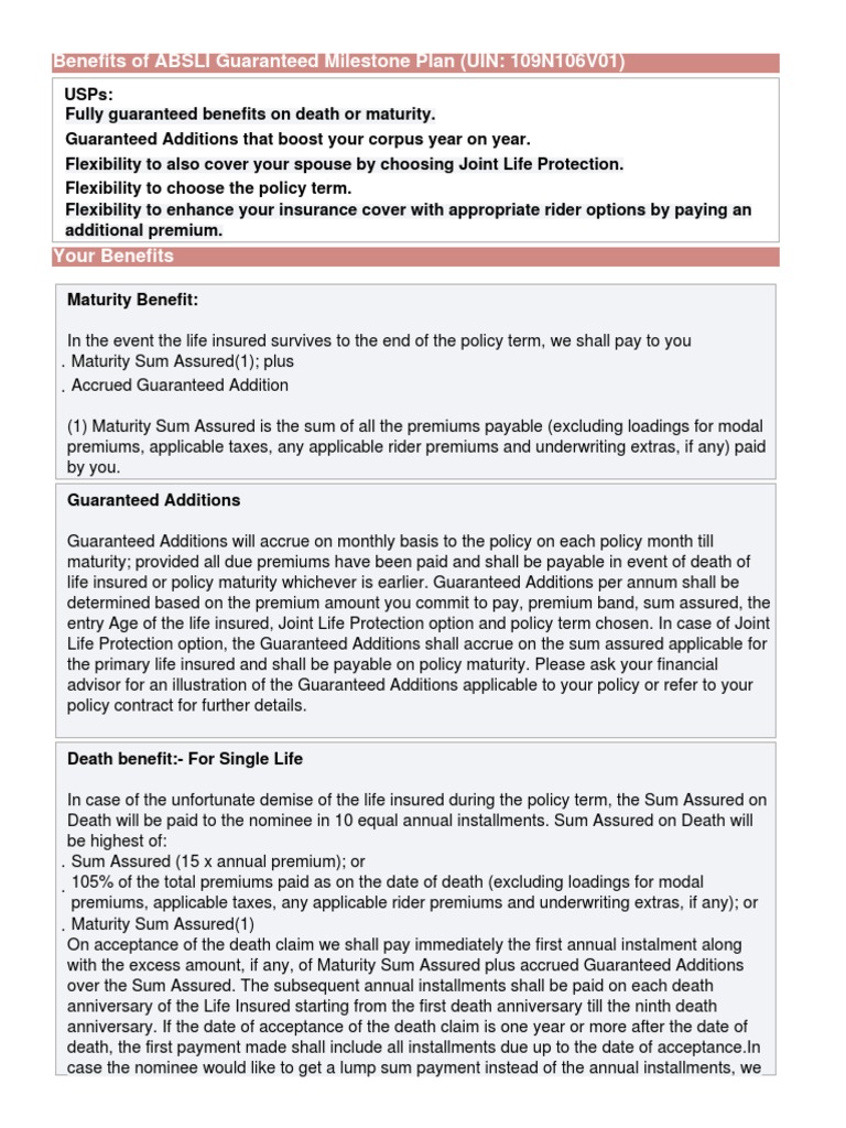 ABSLI Guaranteed Milestone Plan | PDF | Present Value | Insurance
