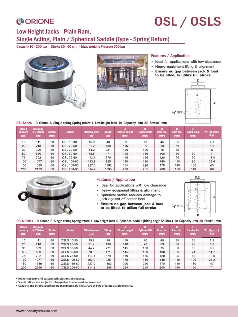 Osl / Osls Low Height Jacks Plain Ram, Single Acting, Plain