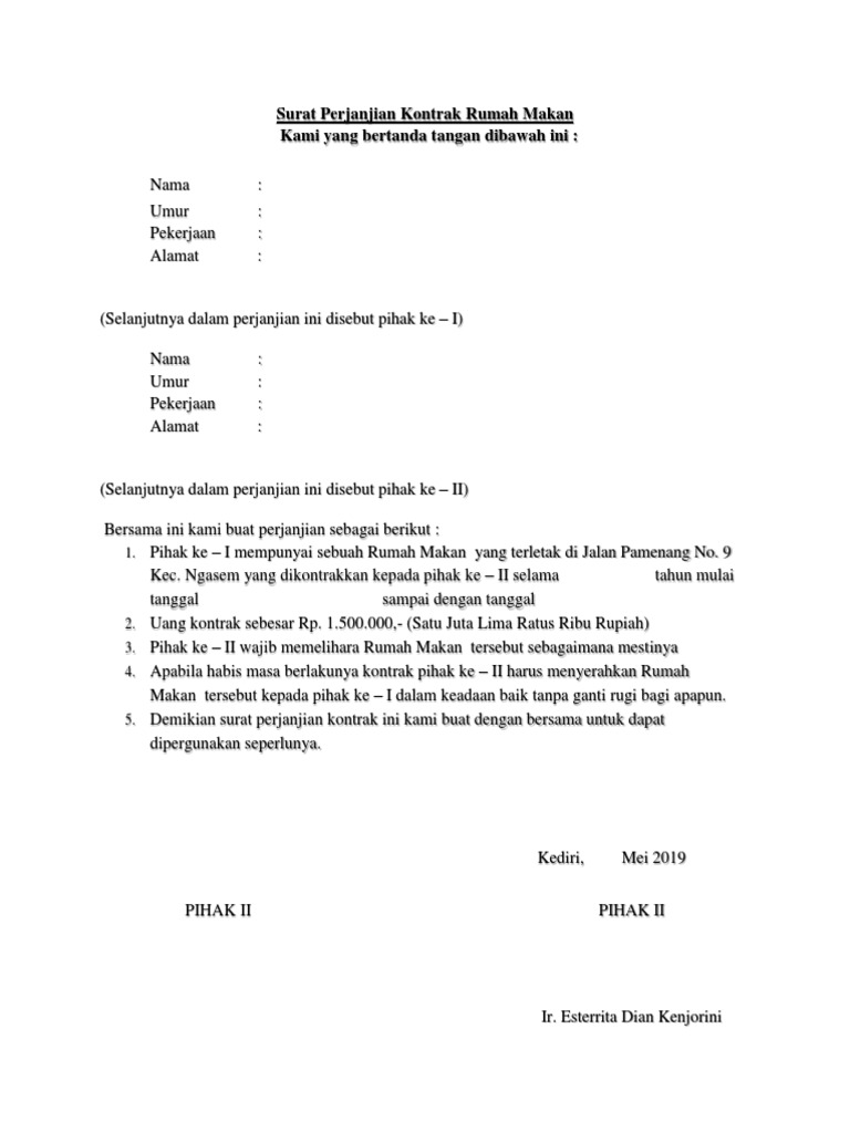Surat Perjanjian Kontrak Rumah Makan Pdf
