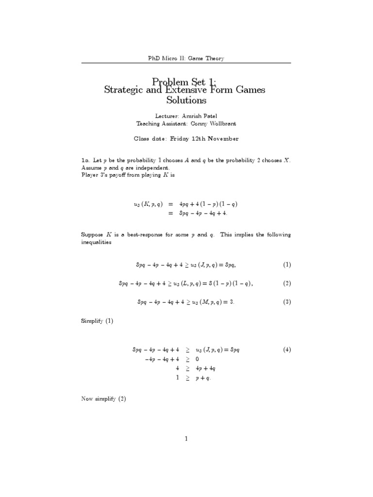 Problem Set 1: Strategic and Extensive Form Games Solutions | PDF ...