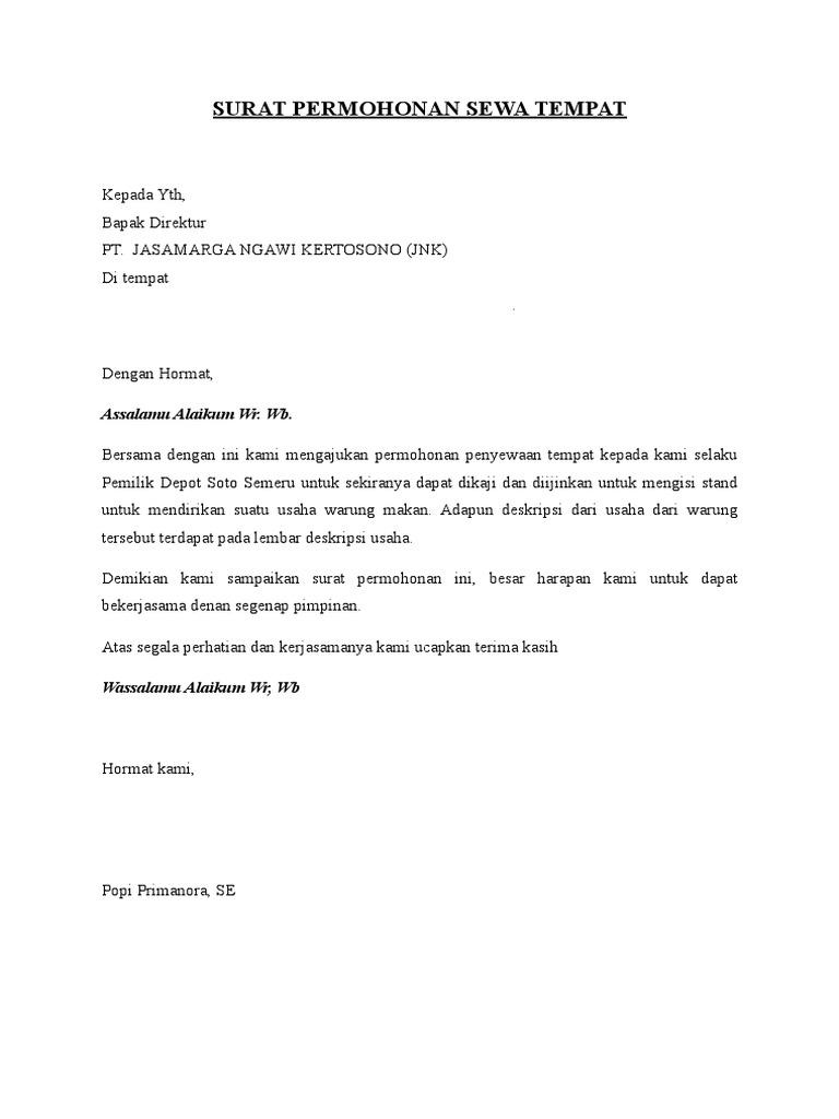 Surat Permohonan Sewa Tempat Pdf