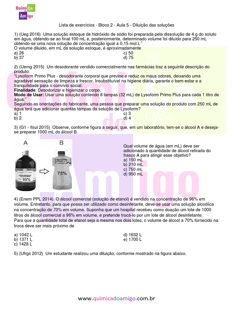 Exercícios sobre Diluição de Soluções | PDF | Solução | Concentração