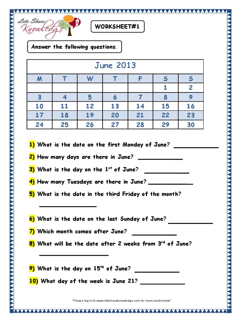 Grade 3 Maths Worksheets Dates And Days On Calendar 1 Astrology Onomastics