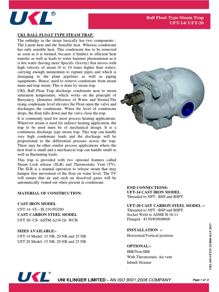UKL Ball Float Steam Trap Overview | PDF | Steam | Heat