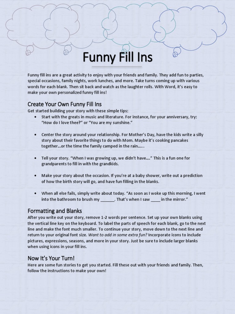 Funny Fill-In Stories for Friends | PDF | Verb | Adjective