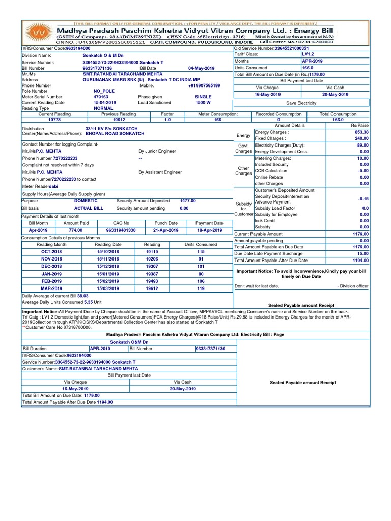 Electricity Bill Receipt - Apr 2019 | PDF | Payments | Cheque