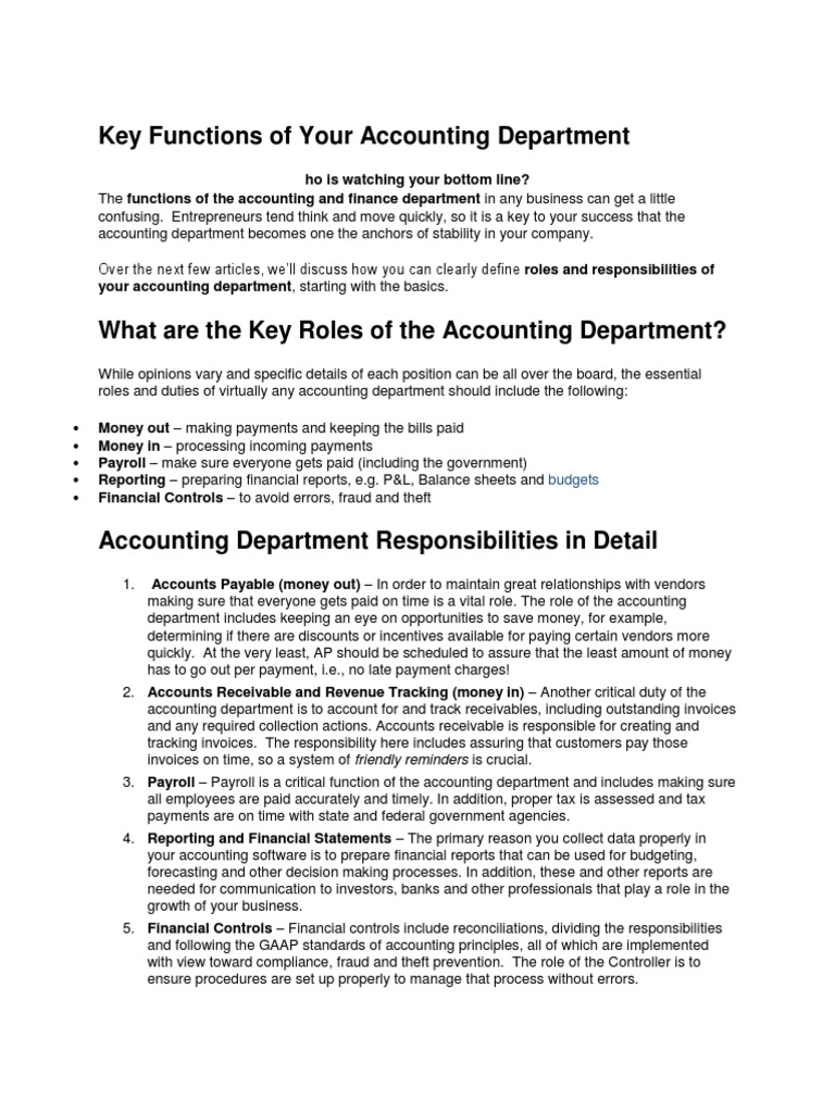 Roles And Responsibilities Of Accounting And Finance Department