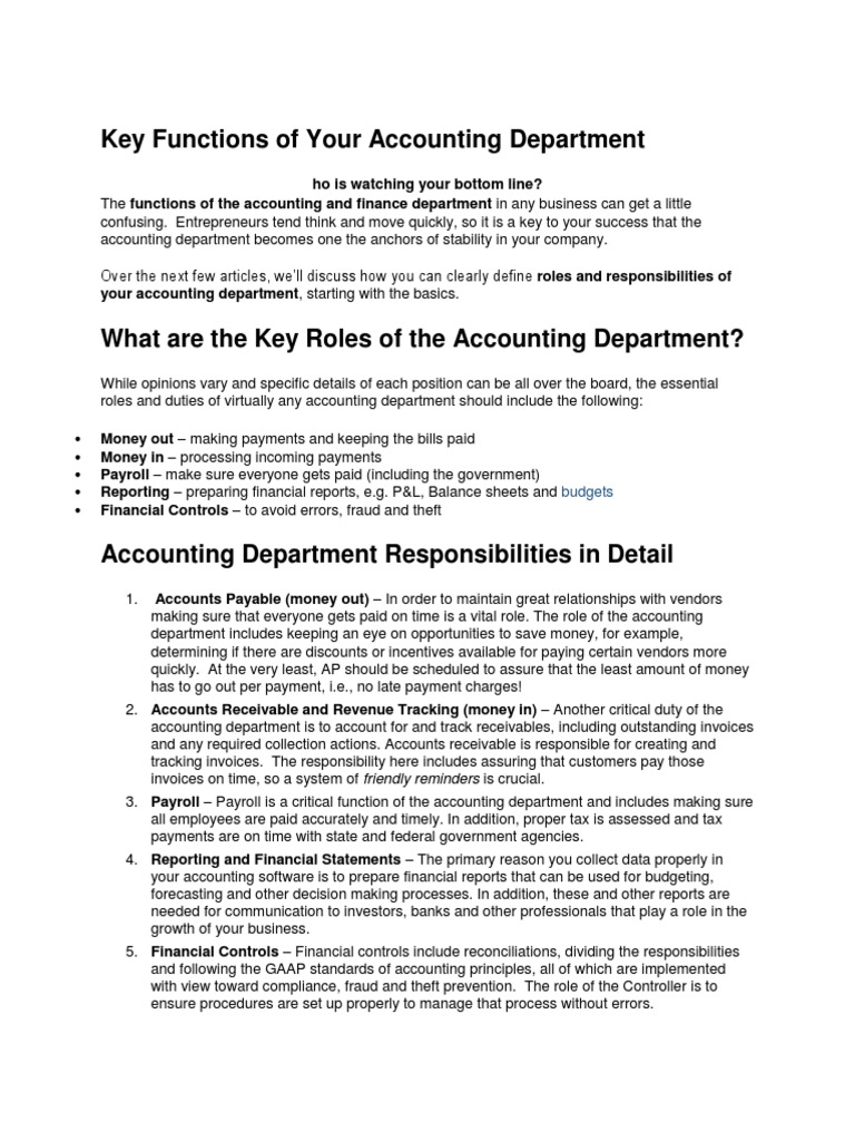 Roles And Responsibilities Of Accounting And Finance Department