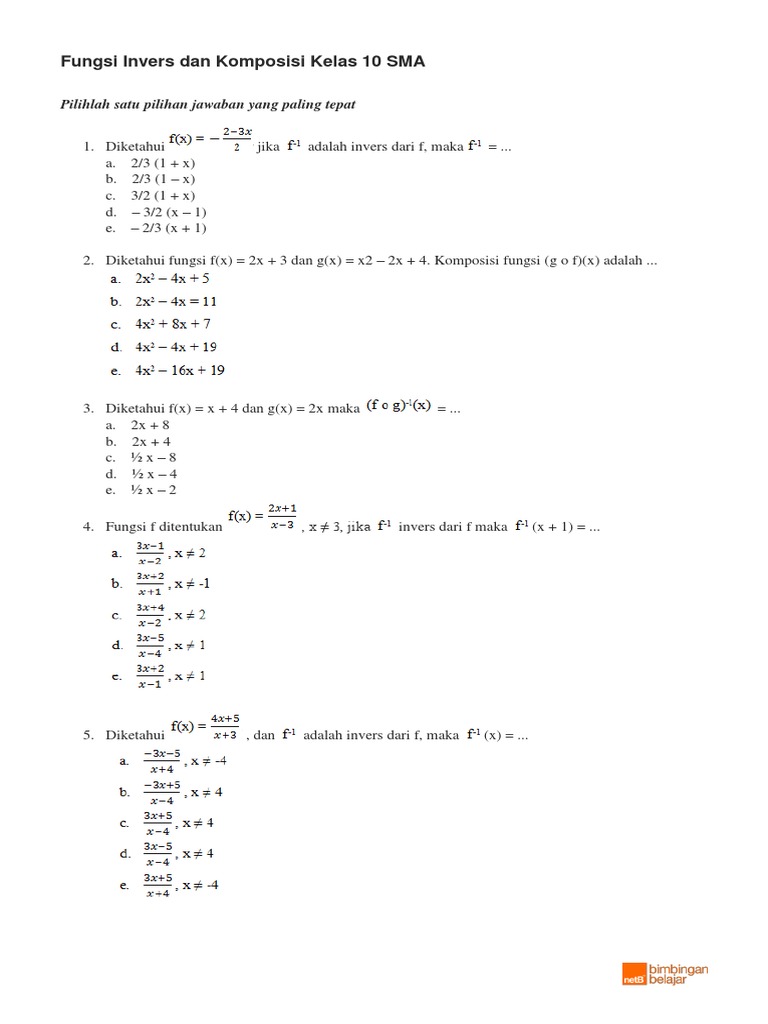 Latihan Soal Fungsi Invers Dan Komposisi Kelas 10 Sma