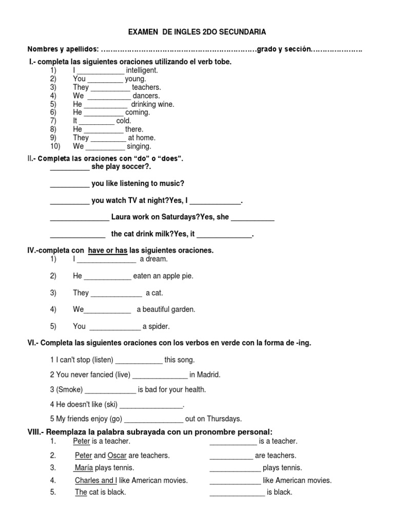 Examen de Inglés 2do Secundaria | PDF