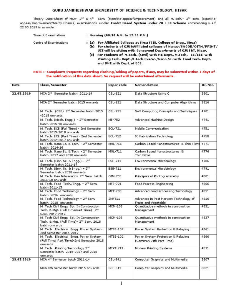 Exam Schedule for MCA & M.Tech Students | PDF | Electronic Engineering ...