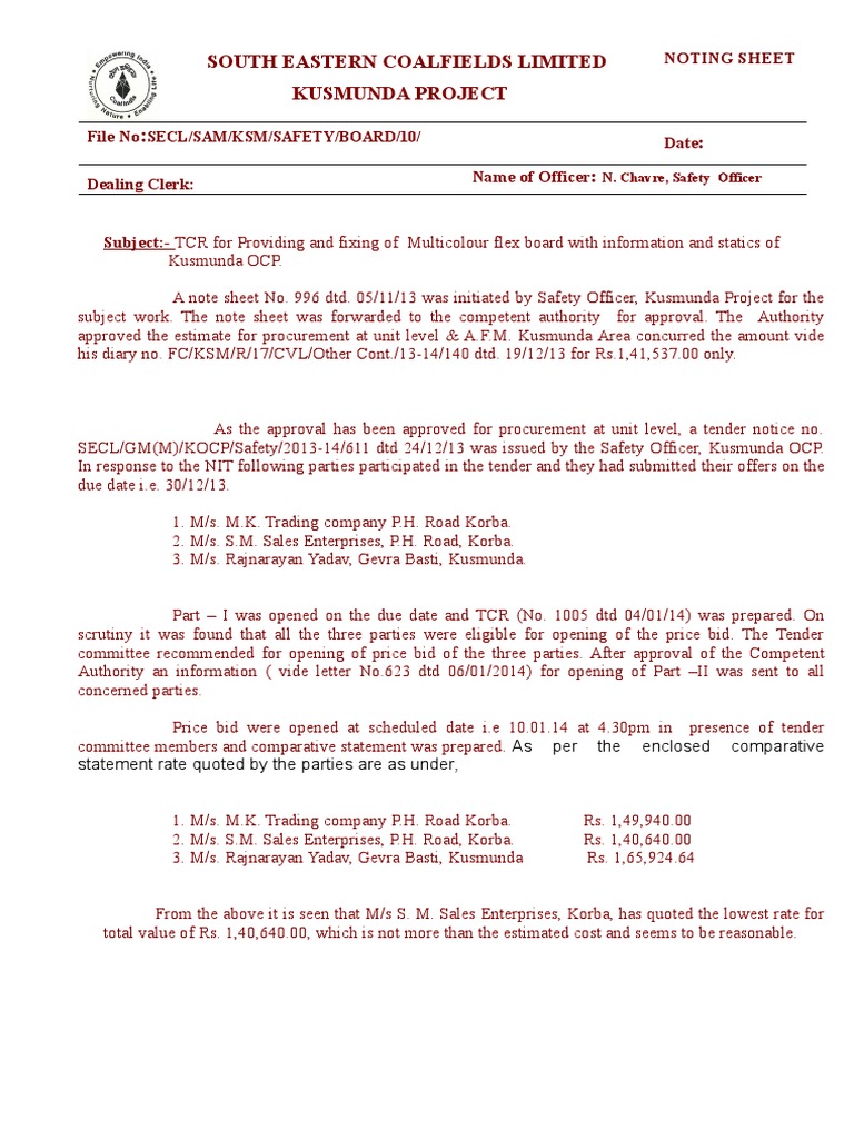 Kusmunda Project Tender Approval Summary | PDF | Economies | Business