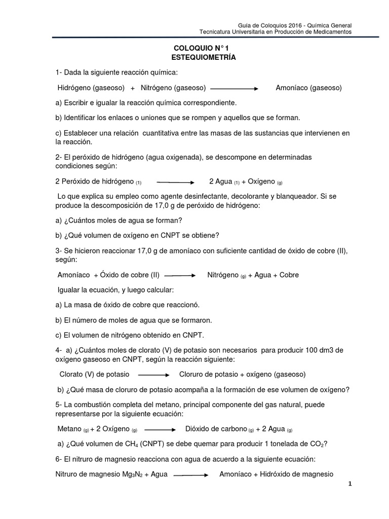 Guía de Coloquios Química General 2016 | PDF | Concentración ...