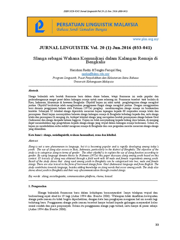 Slanga Sebagai Wahana Komunikasi Dalam Kalangan Remaja Di Bengkalis Pdf
