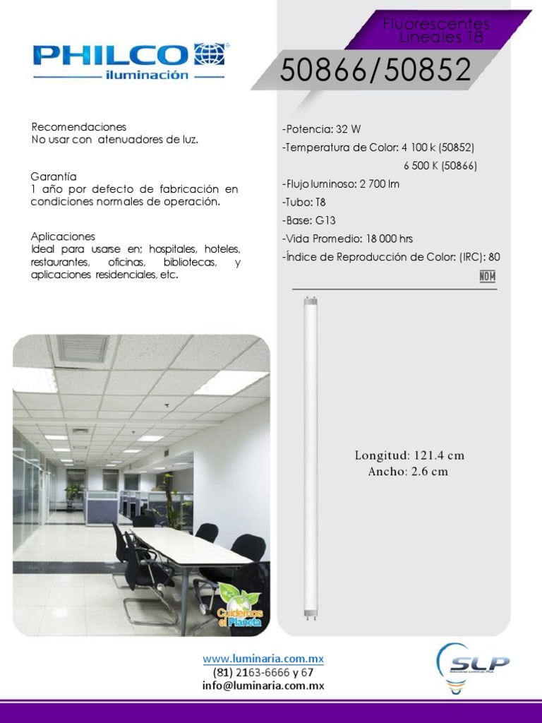 Ficha Técnica Tubo Fluorescente 32 Watts T8 6500K Philco 50866 50852 PDF