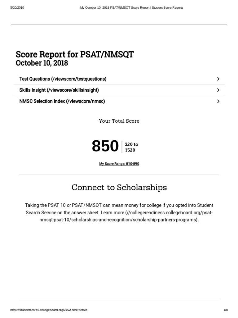My October 10 2018 Psat NMSQT Score Report Student Score Reports PDF