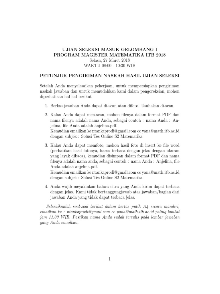 Soal Seleksi S2 Matematika Itb