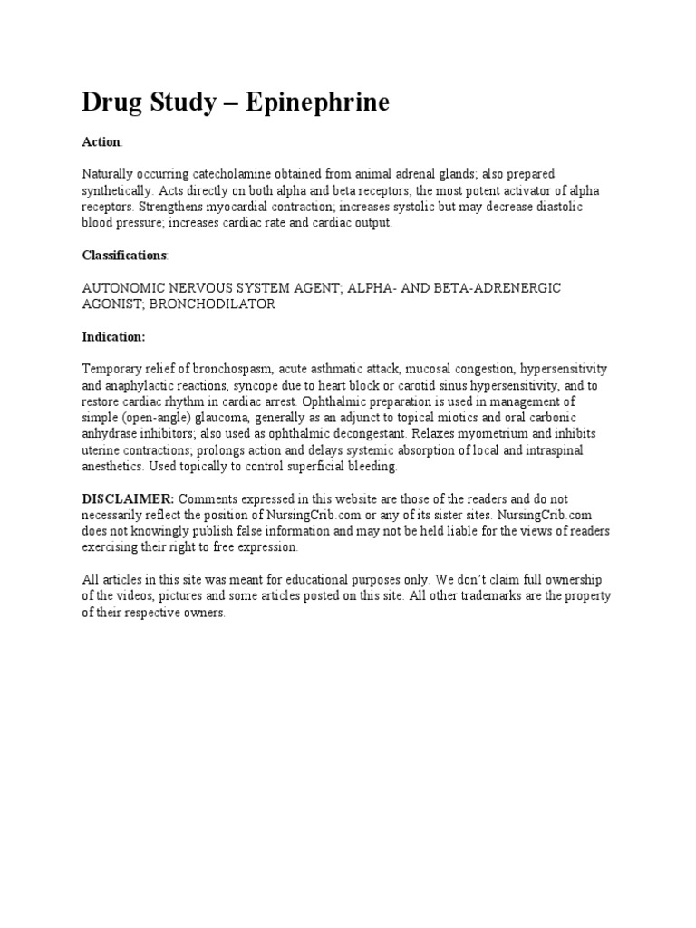 Drug Study Epinephrine | PDF