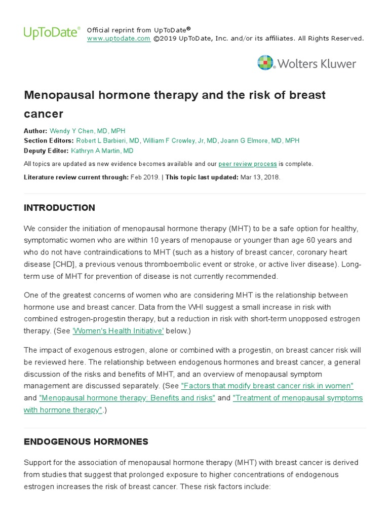 Menopausal Hormone Therapy and The Risk of Breast Cancer UpToDate PDF Hormone Replacement