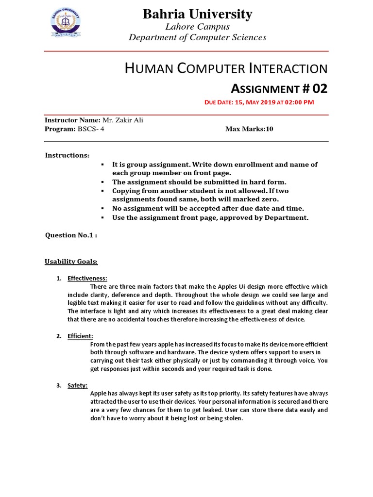HCI Assignment No.2 BSCS 4 Spring 2019 | PDF | User Interface | Human ...