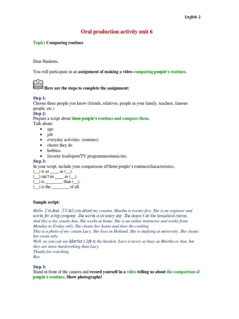 Oral Production Activity Unit 6: Comparing Routines | PDF ...