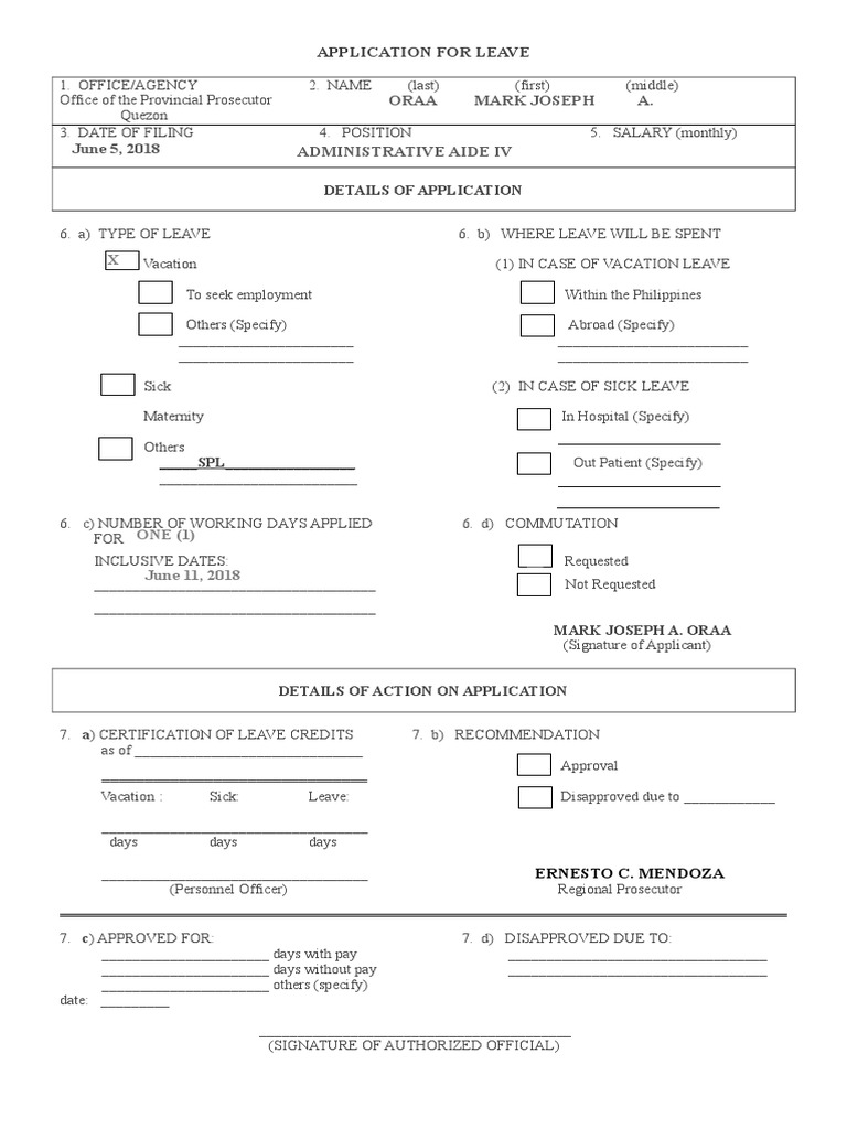 Leave Application for Mark Joseph Oraa | PDF | Government | Social ...