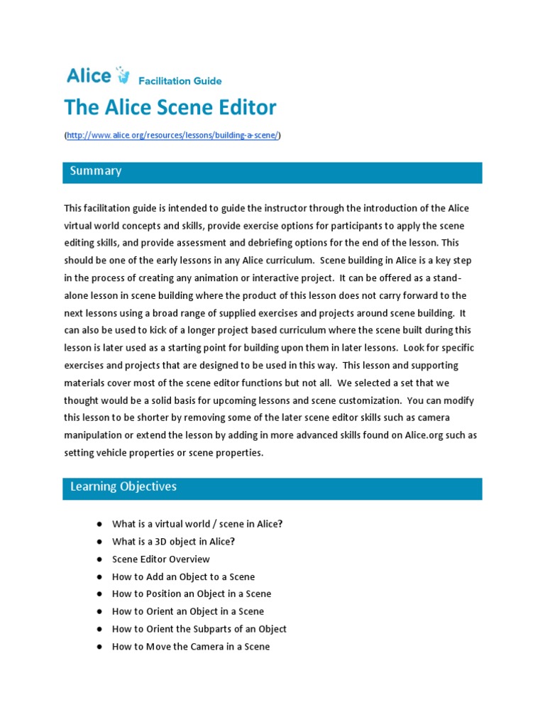 Alice Scene Editor Facilitation Guide | PDF | 3 D Computer Graphics ...