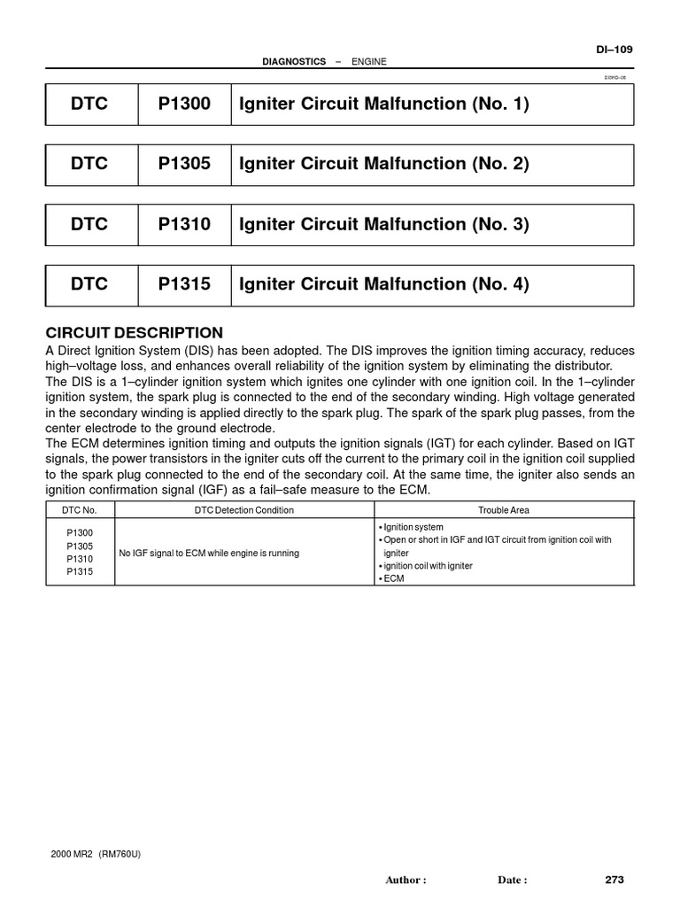 Toyota Igniter Circuit Malfunction DTCs | PDF | Ignition System ...