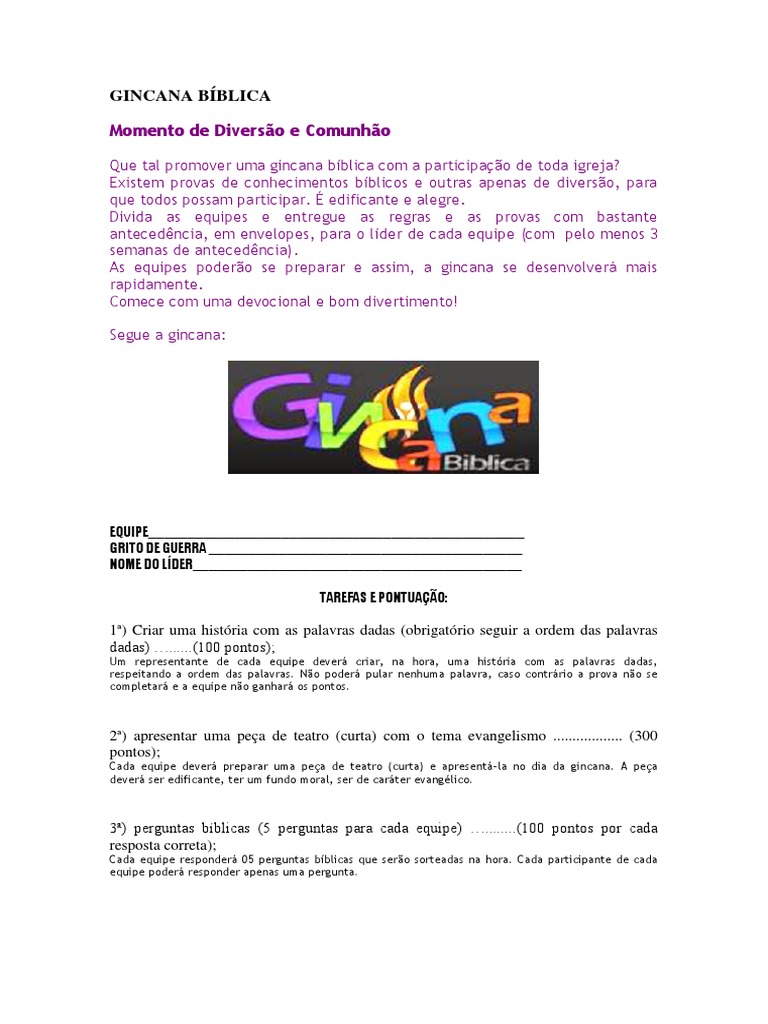 Perguntas da gincana para o 2º e 4º ano pdf