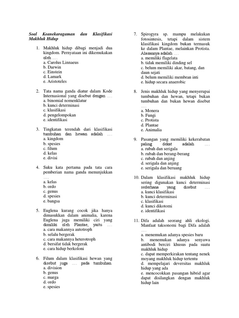 Soal Keanekaragaman Dan Klasifikasi Makhluk Hidup