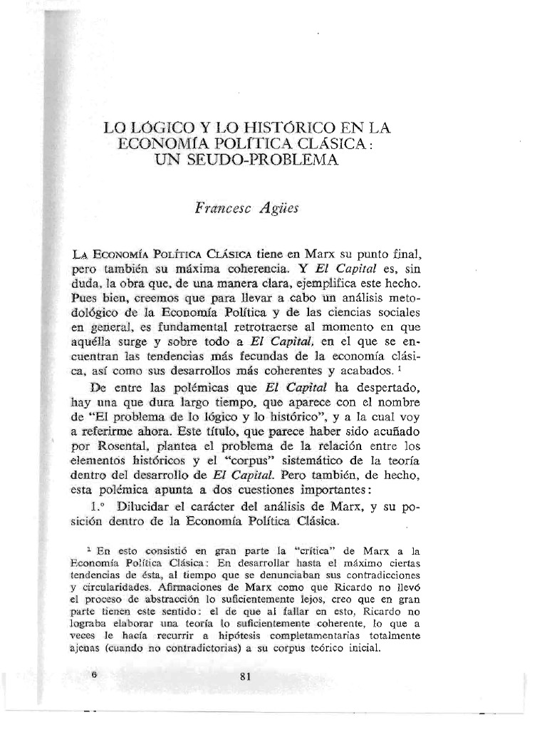Lo Lógico y Lo Histórico PDF Capital (economía) Economía clásica