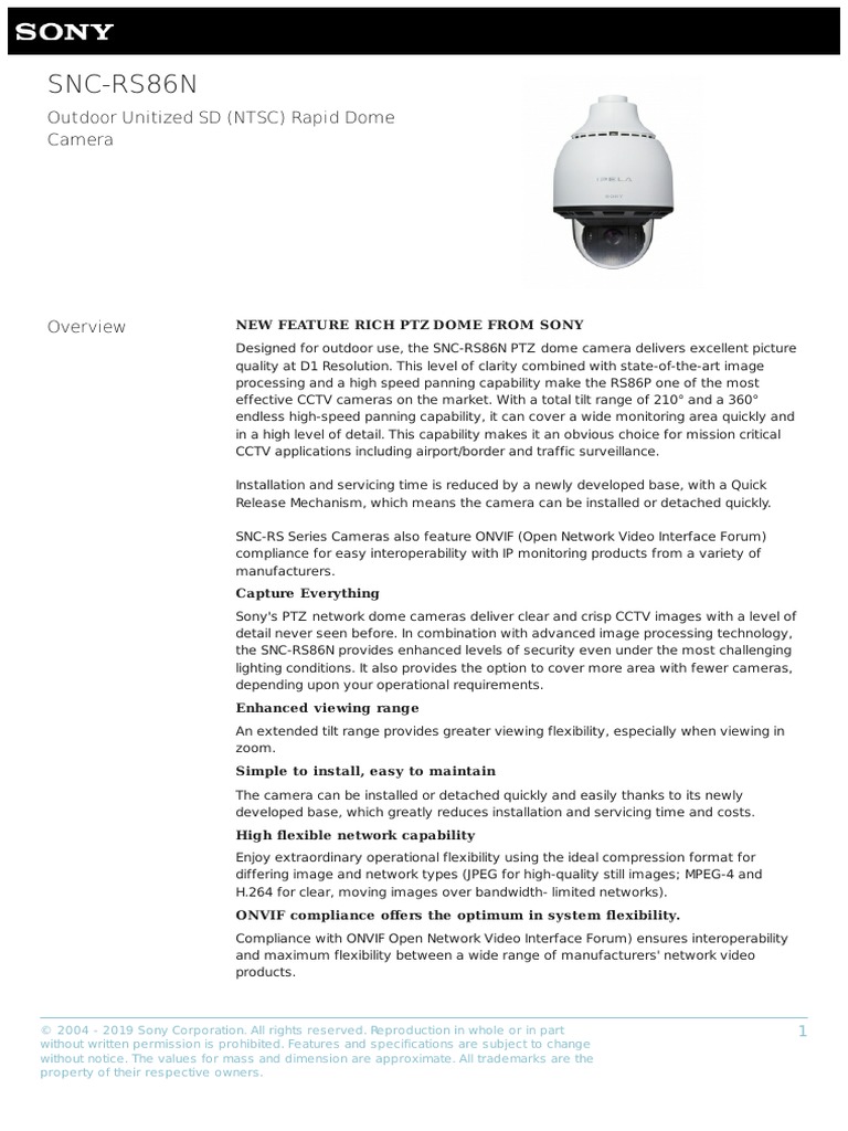 SNC-RS86N: Outdoor Unitized SD (NTSC) Rapid Dome Camera | PDF | Camera |  Closed Circuit Television