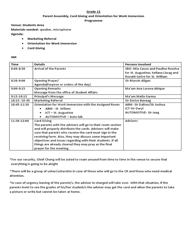 Grade 12 Parent Assembly Agenda | PDF