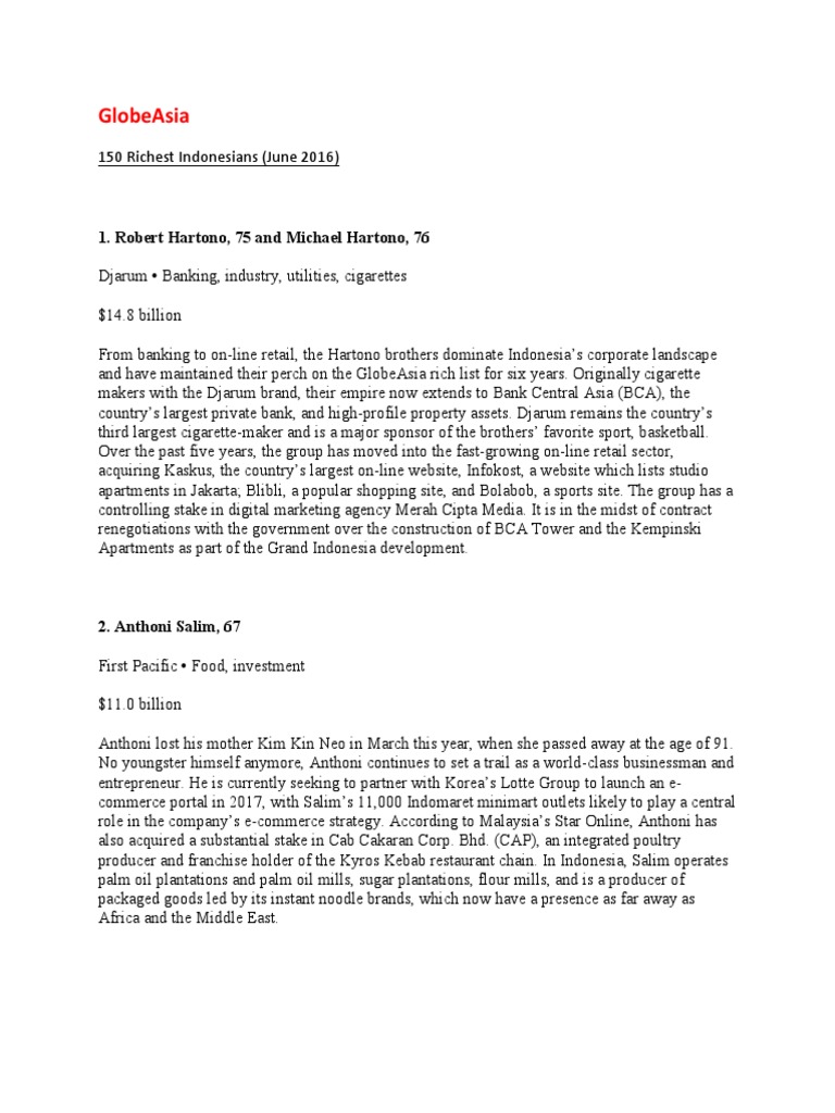 150 Richest Indonesians June 2016 Globeasia Pdf Indonesia Business