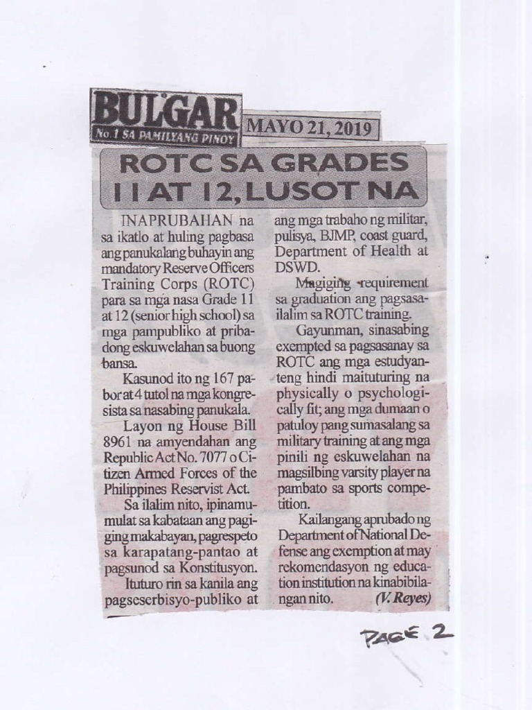 Bulgar, May 21, 2019, ROTC Sa Grade 11 at 12 Lusot Na PDF | PDF