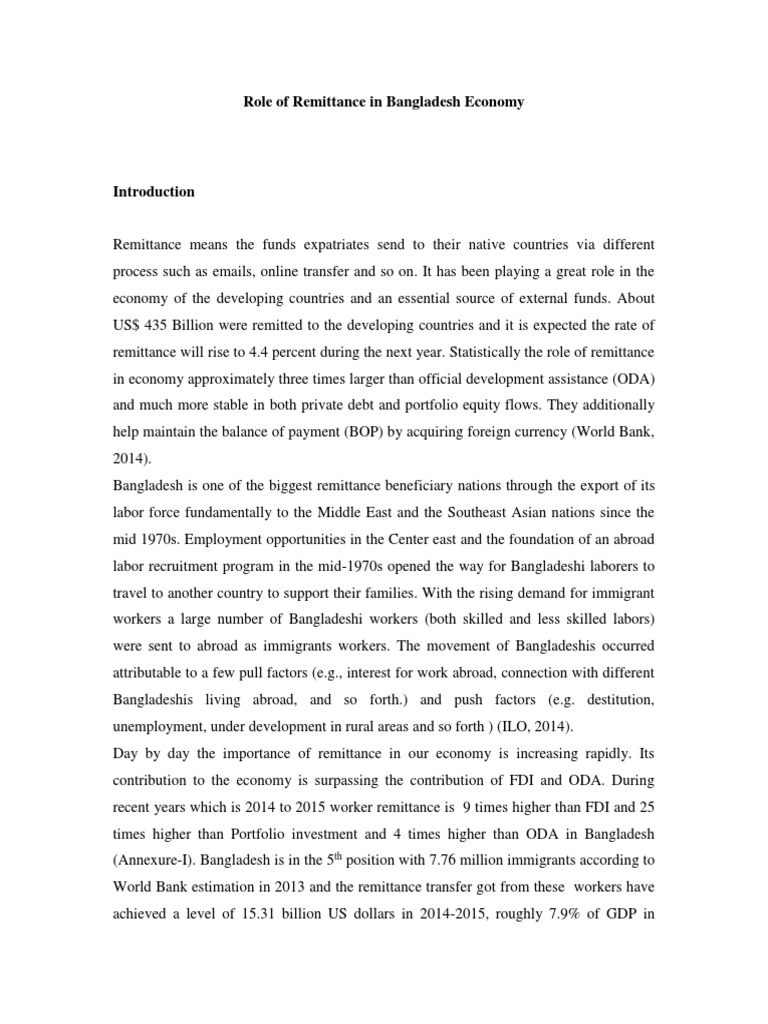 Role Of Remittance Pdf Remittance Immigration
