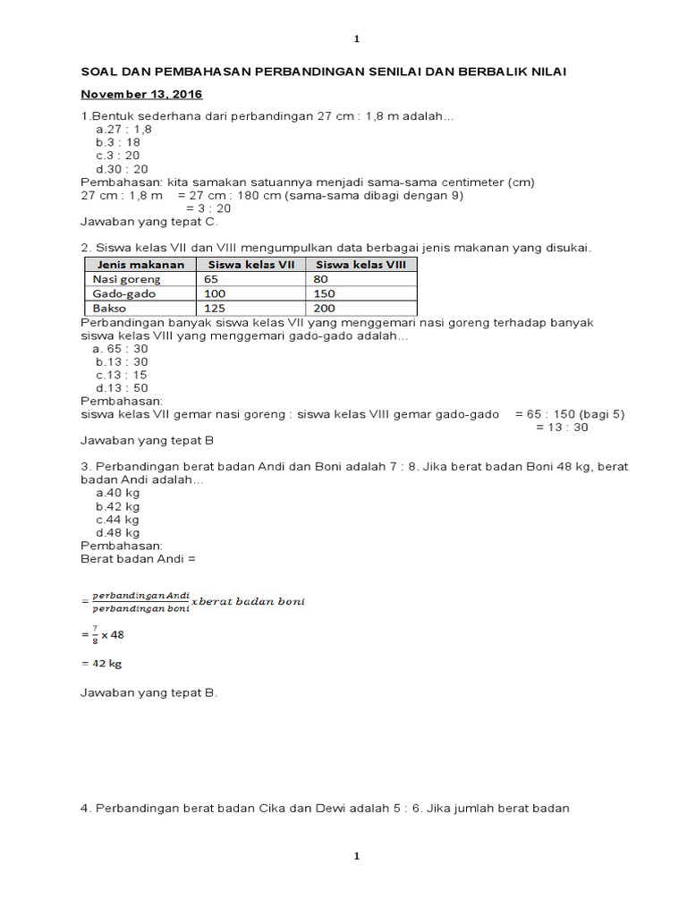 Soal Dan Pembahasan Perbandingan Senilai Dan Berbalik Nilai Smp