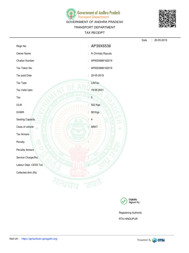 Government of Andhra Pradesh Transport Department Tax Receipt PDF