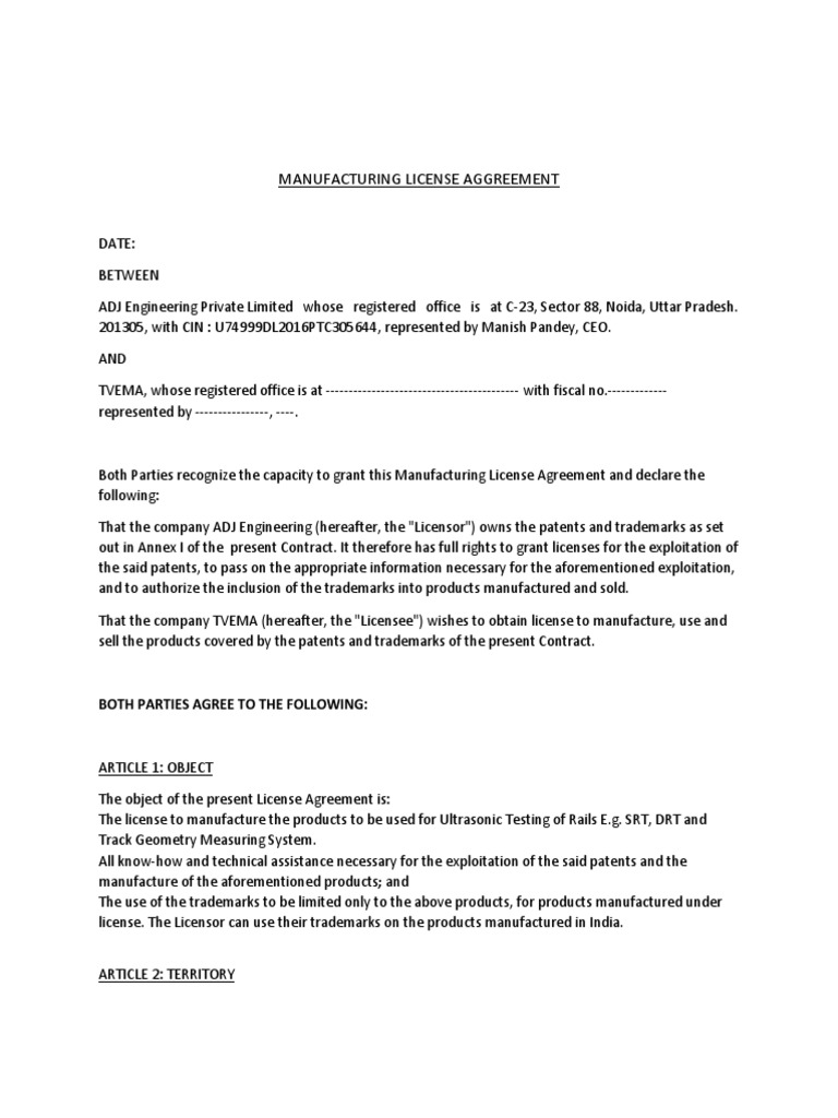 Manufacturing License PDF License Know How