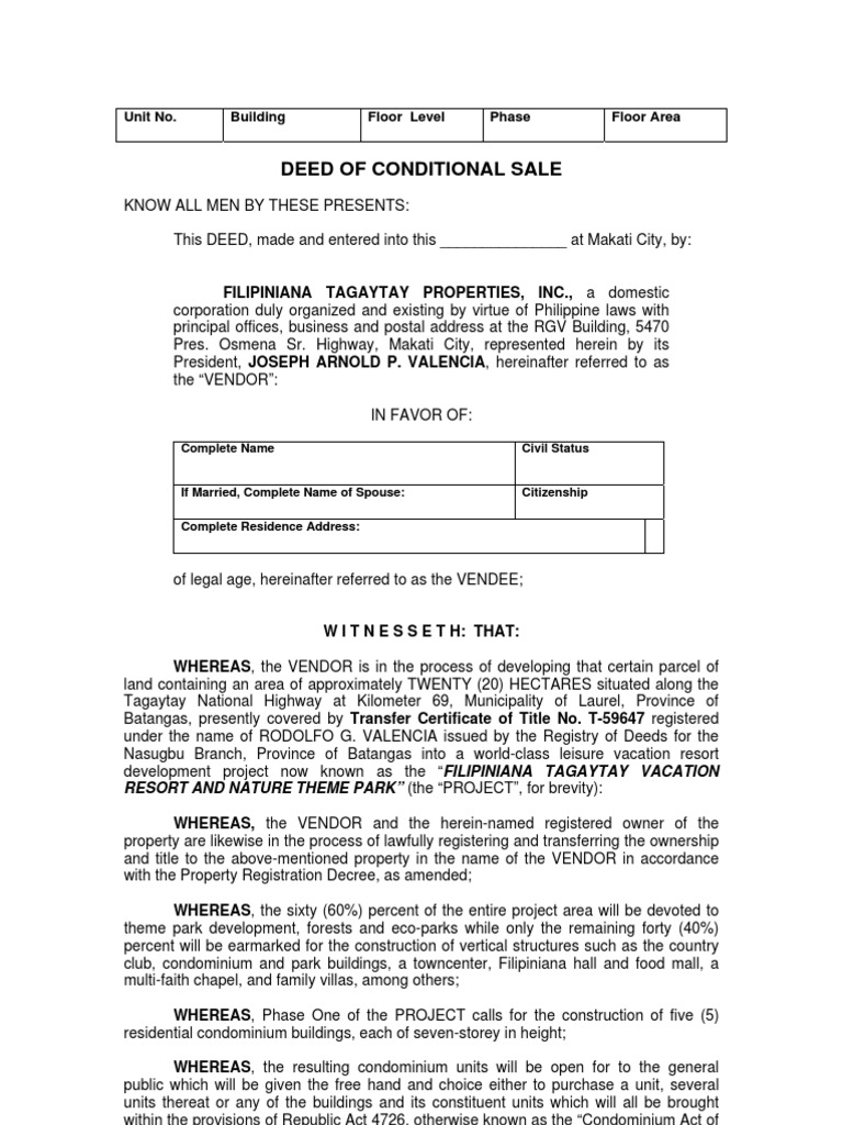 Deed Of Conditional Sale Condominium Deed