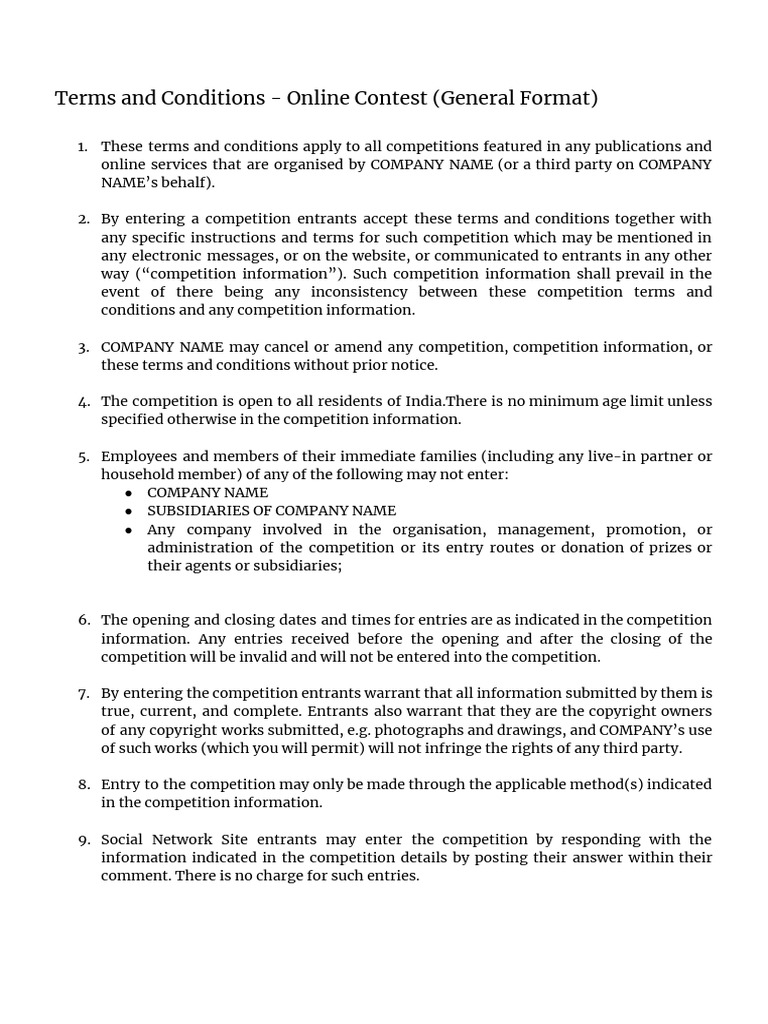 Online Contest - Terms &amp; Conditions (General Format) | PDF 