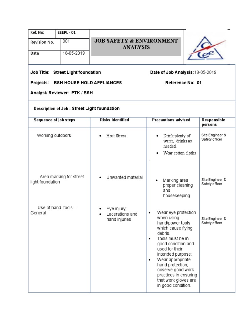 Job Safety & Environment Analysis Revision No PDF Personal