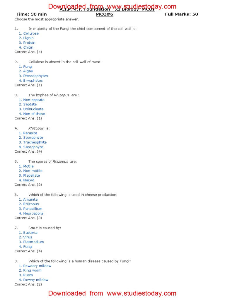 Class 11 Biology MCQs Compilation | PDF | Fungus | Ploidy