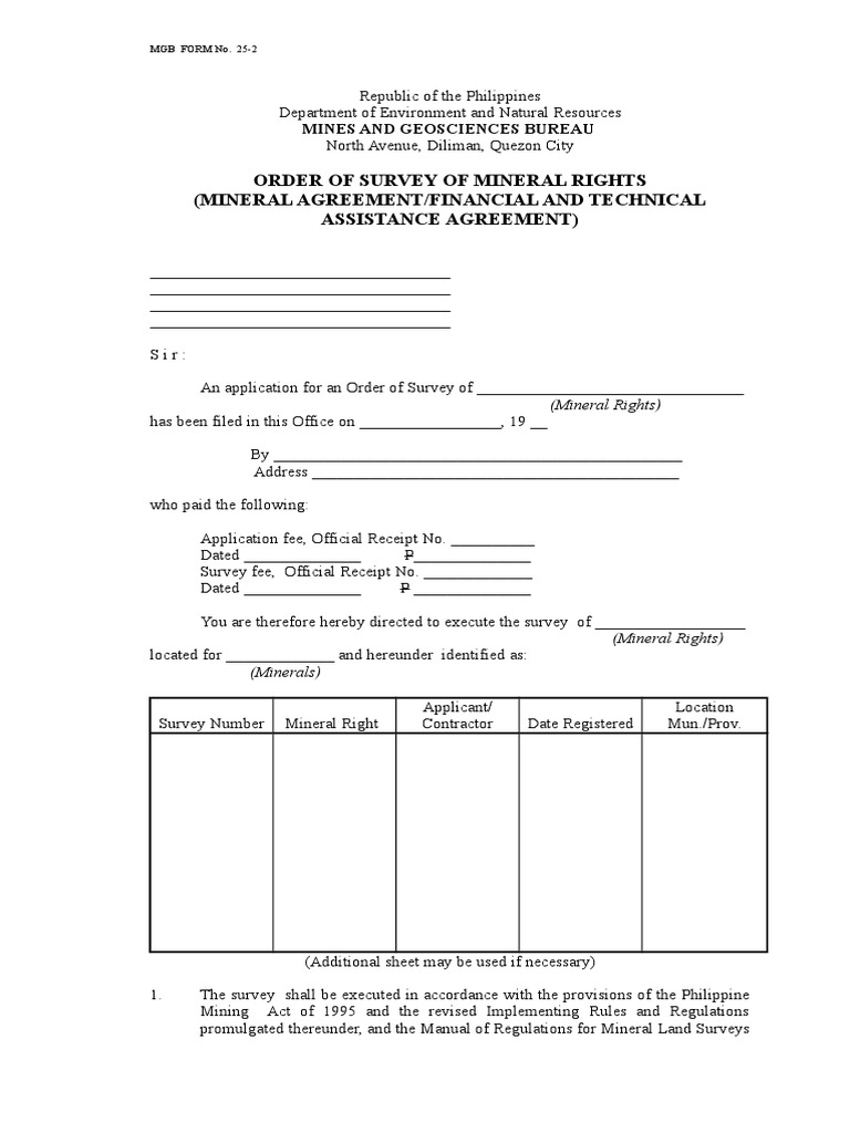 Order of Survey of Mineral Rights (Mineral Agreement/Financial and