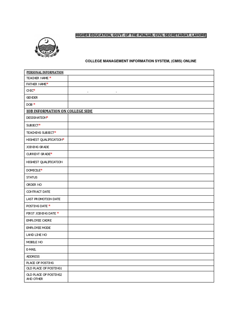 CMIS Online Form for Punjab Colleges | PDF